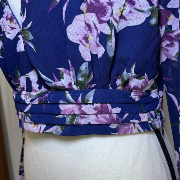 Essue crop top sheer flounce sleeve dark blue pink purple womens M - Picture 4 of 16